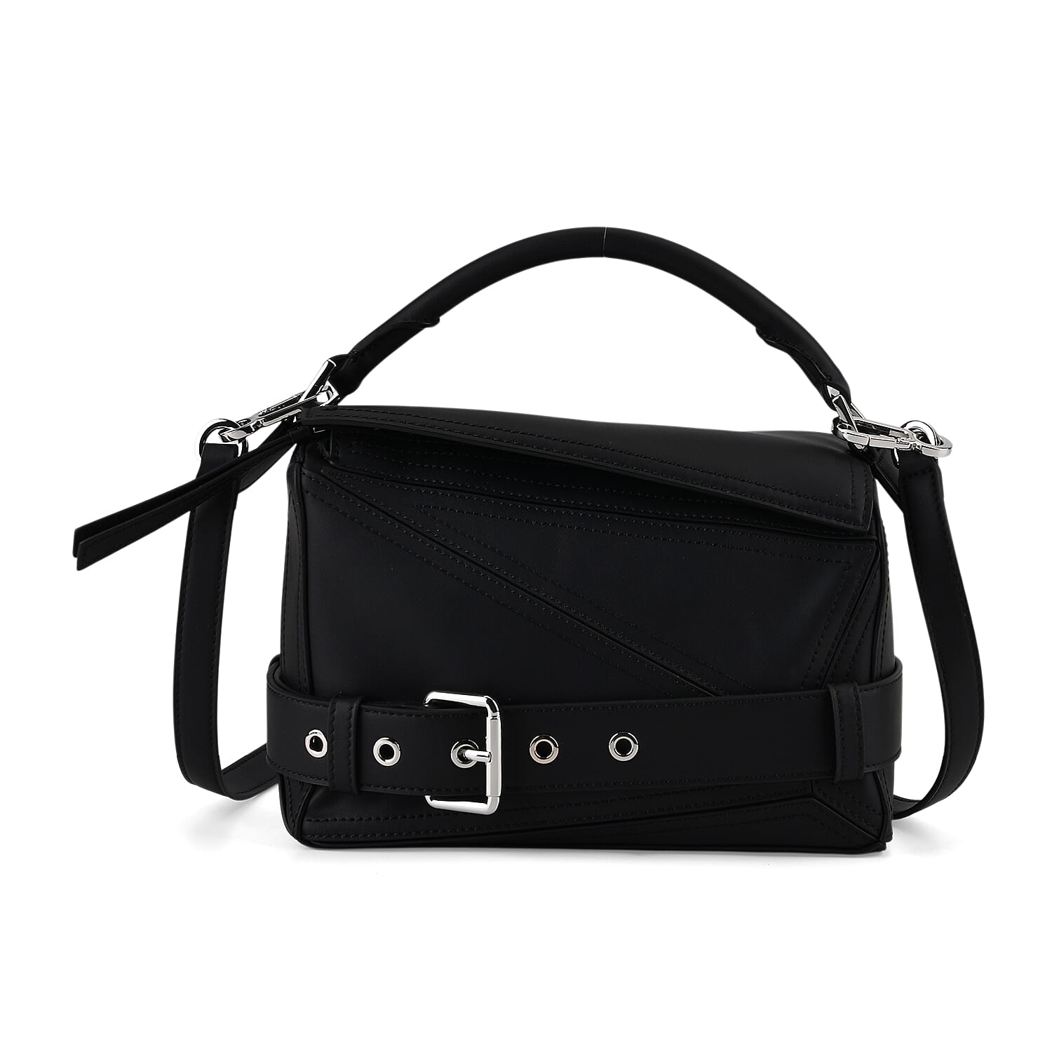 Designer Inspired Genuine Leather  Geometric Panel Handbag with 2 Detachable Straps - Black
