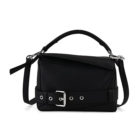 Designer Inspired Genuine Leather  Geometric Panel Handbag with 2 Detachable Straps - Black