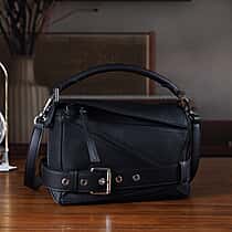 Designer Inspired - Genuine Leather Geometric Panel Handbag with 2 Detachable Straps