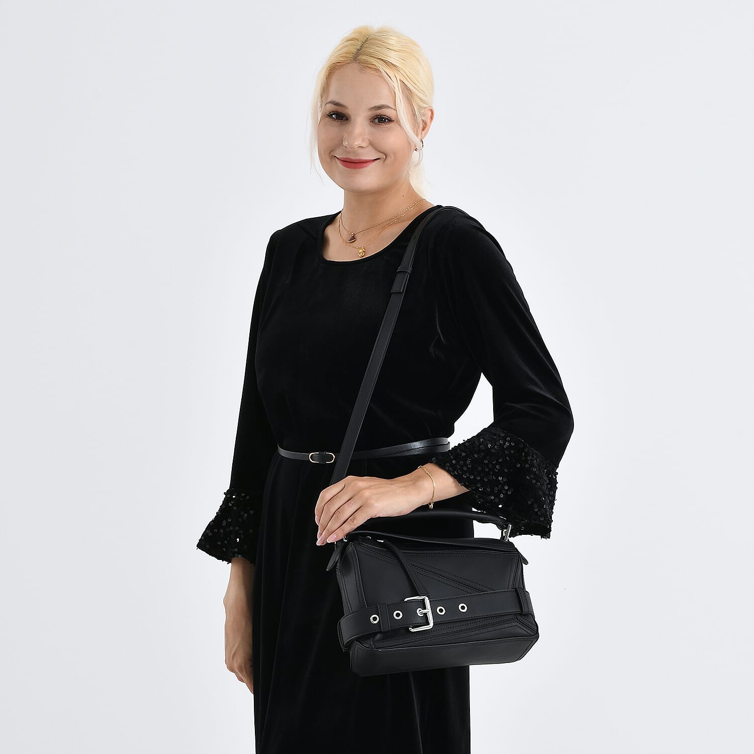 Designer Inspired Genuine Leather  Geometric Panel Handbag with 2 Detachable Straps - Black