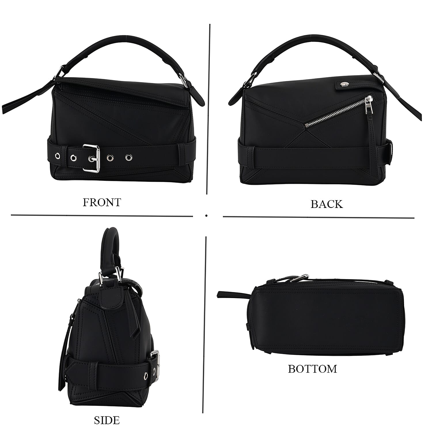 Designer Inspired Genuine Leather  Geometric Panel Handbag with 2 Detachable Straps - Black