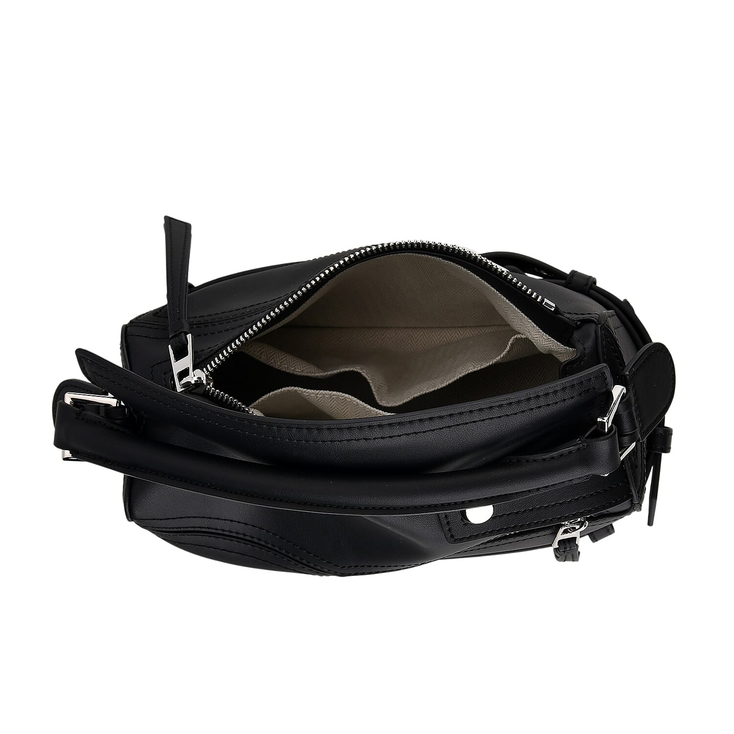 Designer Inspired Genuine Leather  Geometric Panel Handbag with 2 Detachable Straps - Black