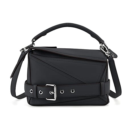 Designer Inspired Genuine Leather  Geometric Panel Handbag with 2 Detachable Straps - Grey