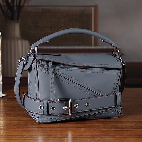 Designer Inspired Genuine Leather Geometric Panel Handbag with 2 Detachable Straps - Grey