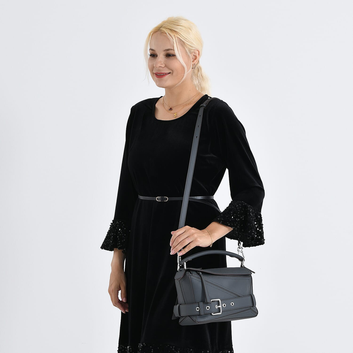 Designer Inspired Genuine Leather  Geometric Panel Handbag with 2 Detachable Straps - Grey