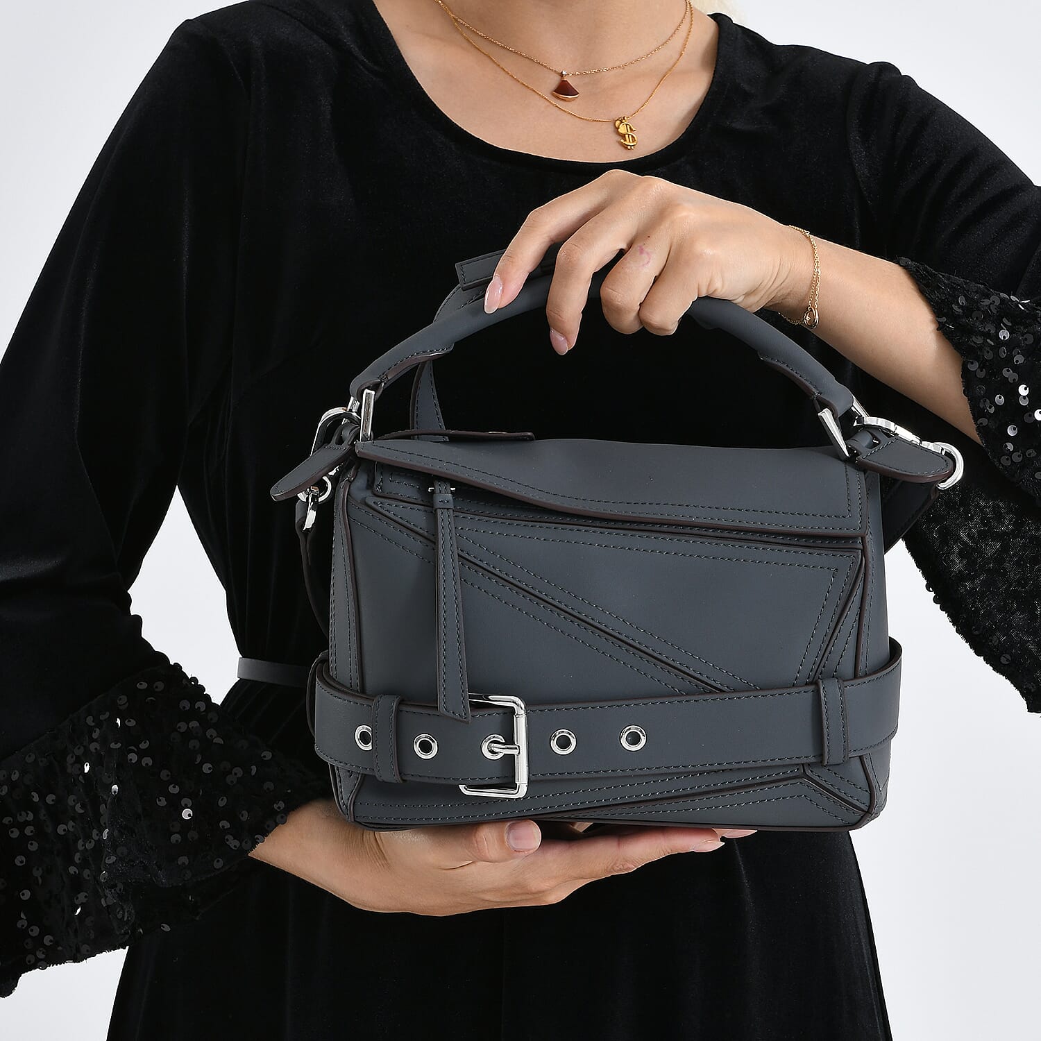 Designer Inspired Genuine Leather  Geometric Panel Handbag with 2 Detachable Straps - Grey