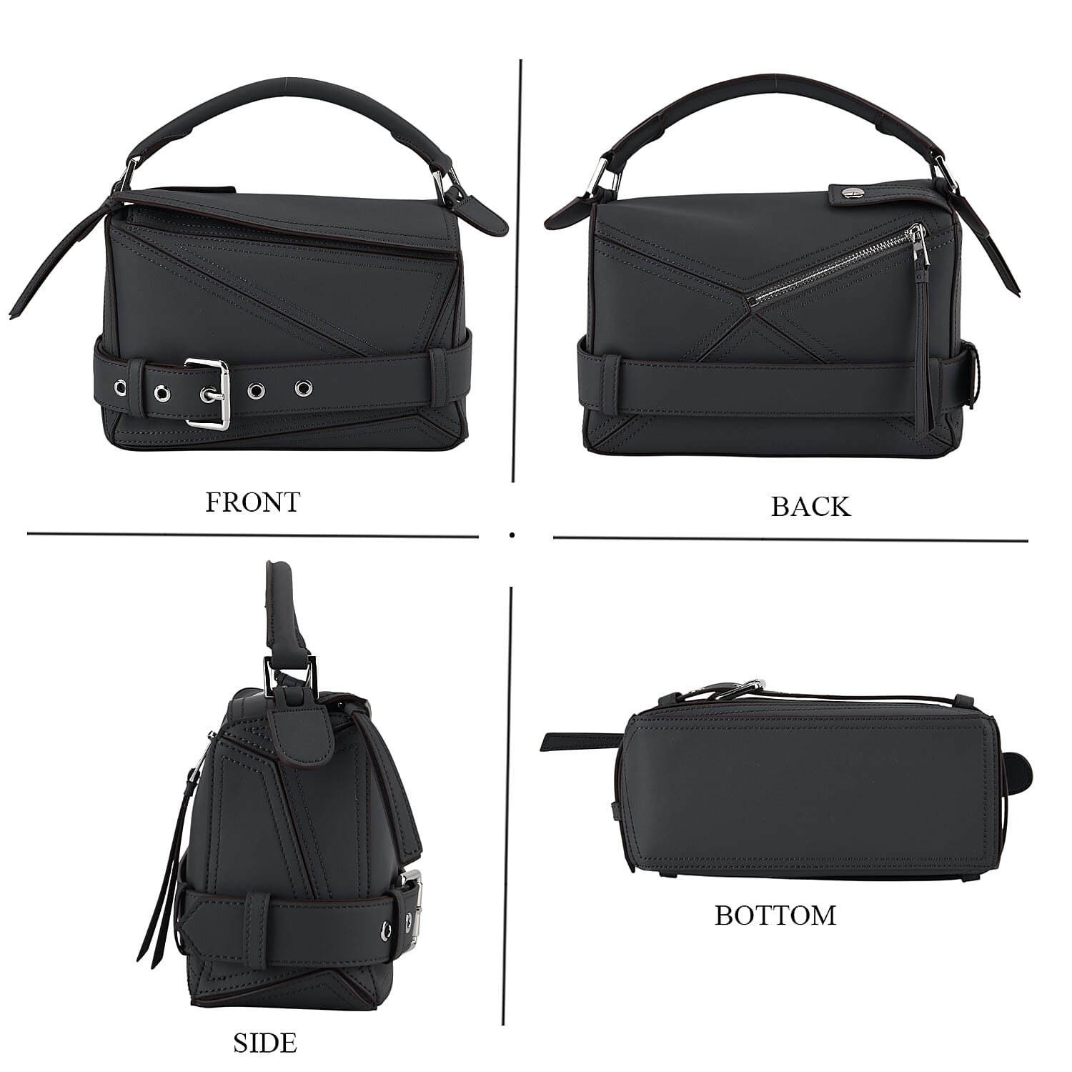 Designer Inspired Genuine Leather  Geometric Panel Handbag with 2 Detachable Straps - Grey