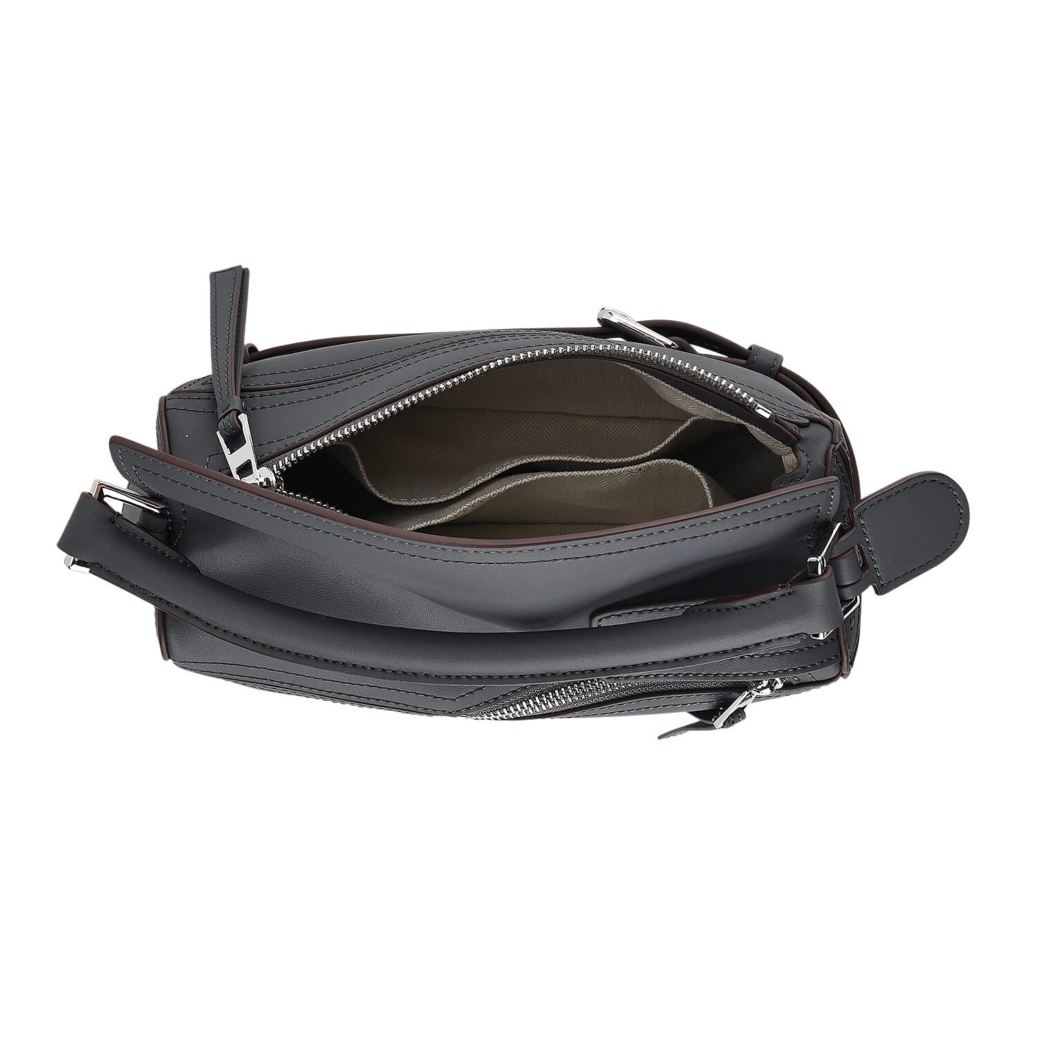 Designer Inspired Genuine Leather  Geometric Panel Handbag with 2 Detachable Straps - Grey