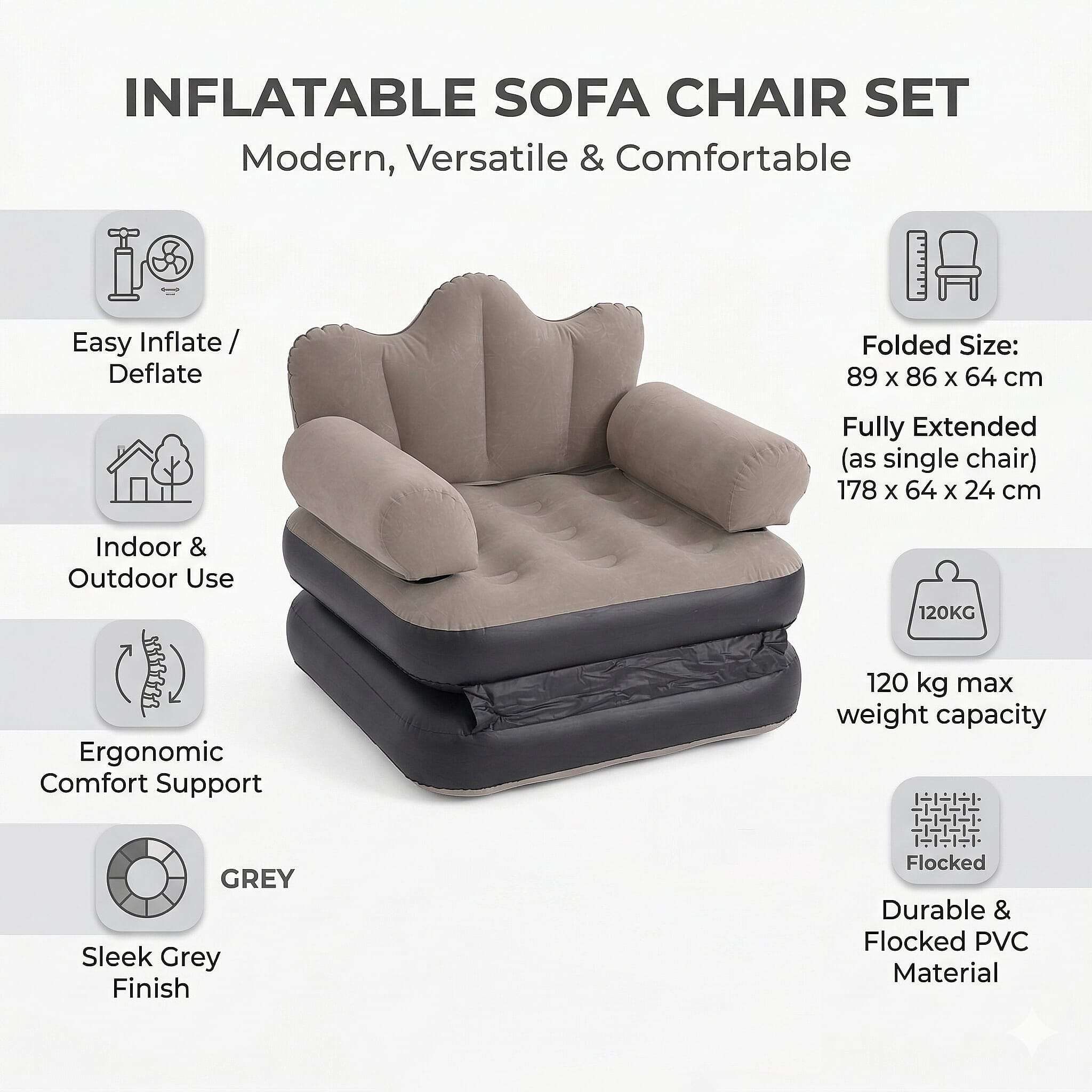 Inflatable Reclining Couch Sofa Bed with Armrest (178 cm) - Grey