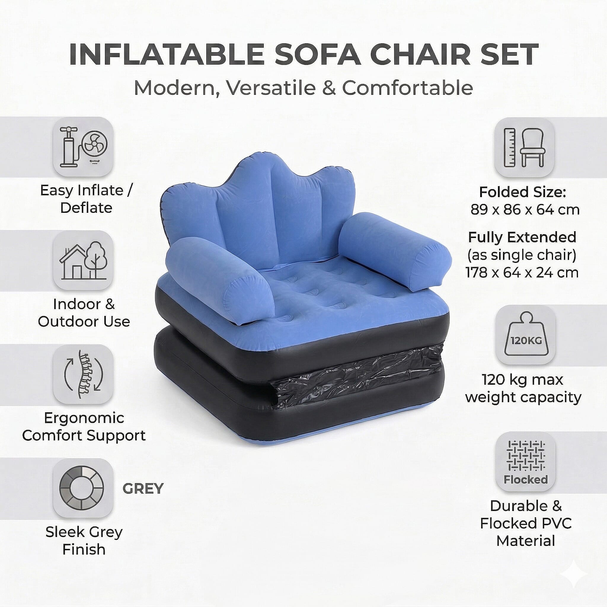 Inflatable Reclining Couch Sofa Bed with Armrest (178 cm) - Blue