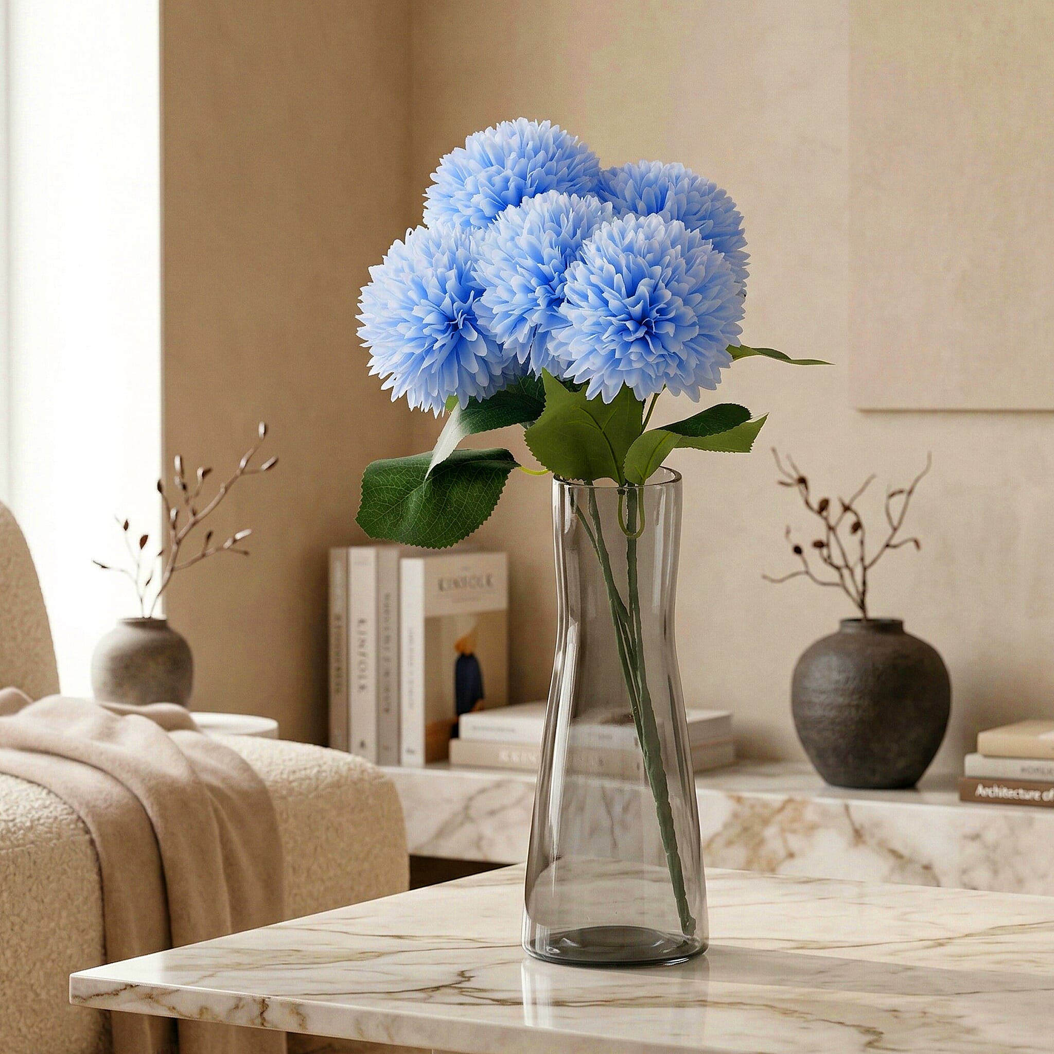 5-Heads Artificial Flower Bouquet (43cm) - Blue