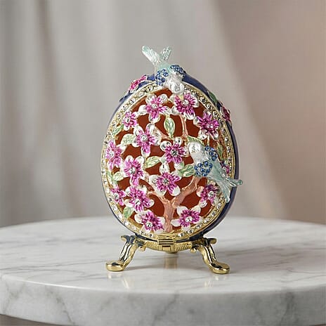 Floral & Crystal Detail Faberge-Style Egg Trinket Box (12x7 cm) - Blue