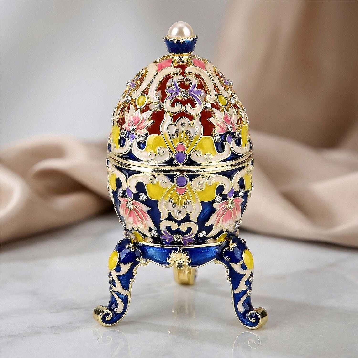 Crystal Enamelled Egg Trinket Box (12x7cm) - Blue & Multicolour