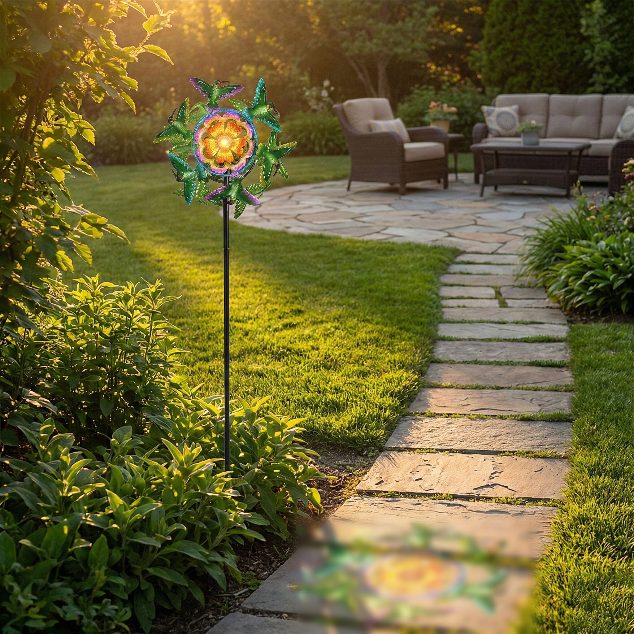 Solar Powered Garden Kinetic Wind Spinner Stake (140cm) - Green