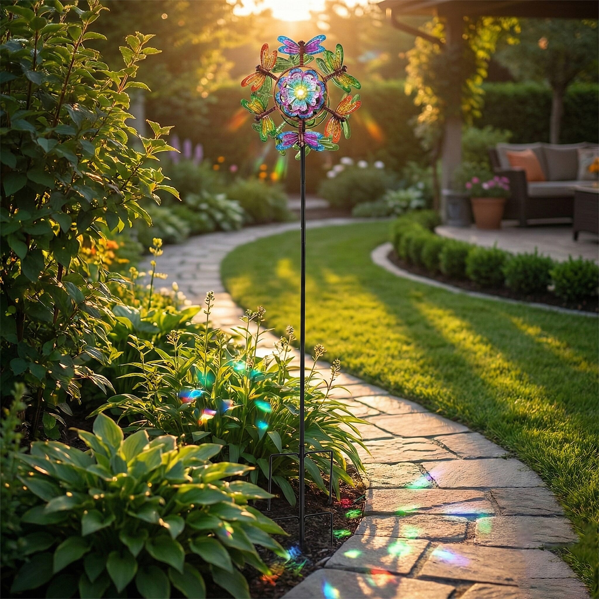 Solar Powered Garden Kinetic Wind Spinner Stake (140cm) - Multi Colour