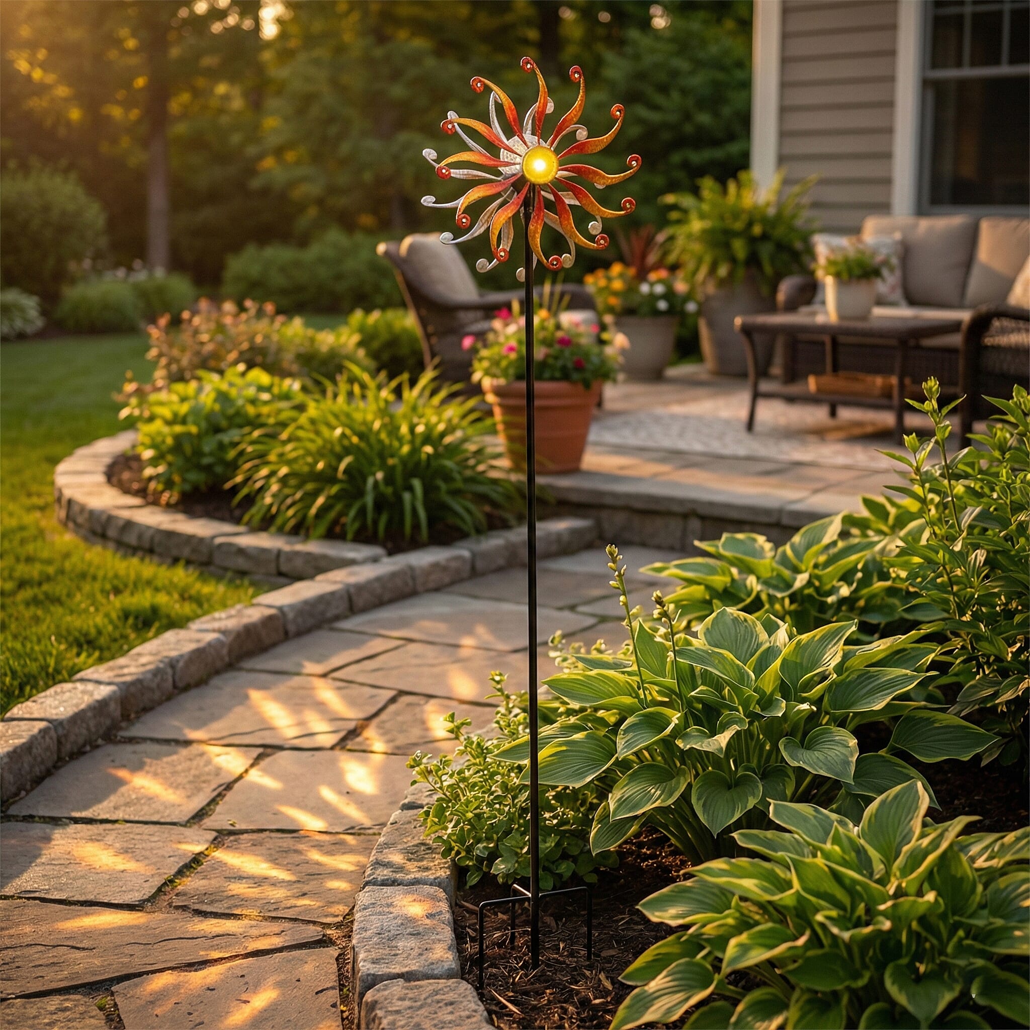 Solar Powered Garden Kinetic Wind Spinner Stake (140cm) - Gold