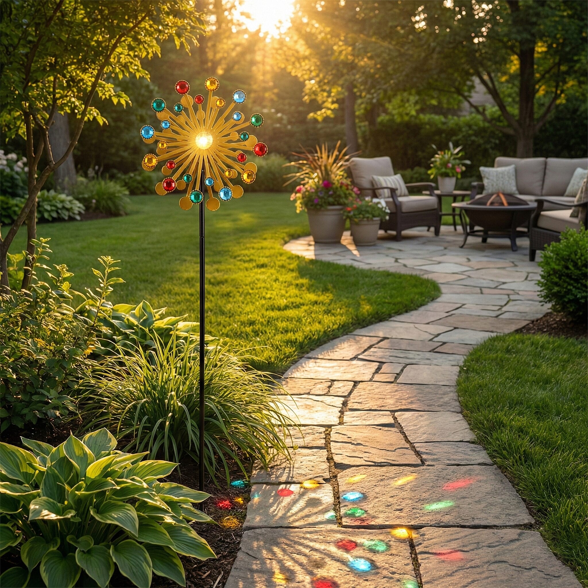 Solar Powered Garden Kinetic Wind Spinner Stake (140cm) - Multi Colour