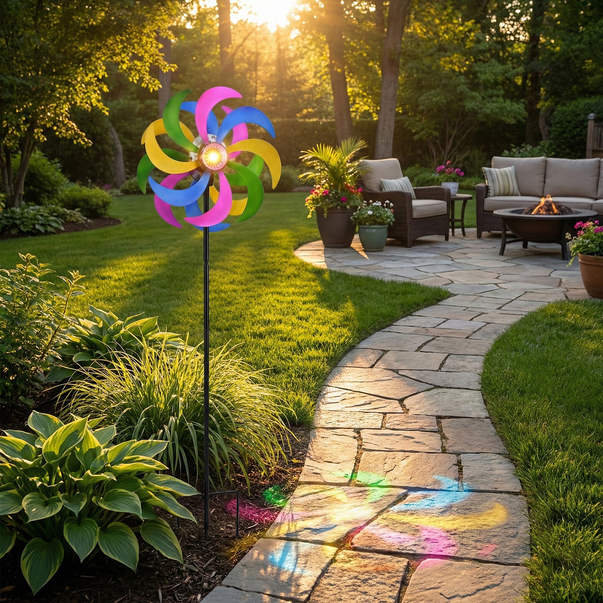 Solar Powered Garden Kinetic Wind Spinner Stake (140cm) - Multi Colour
