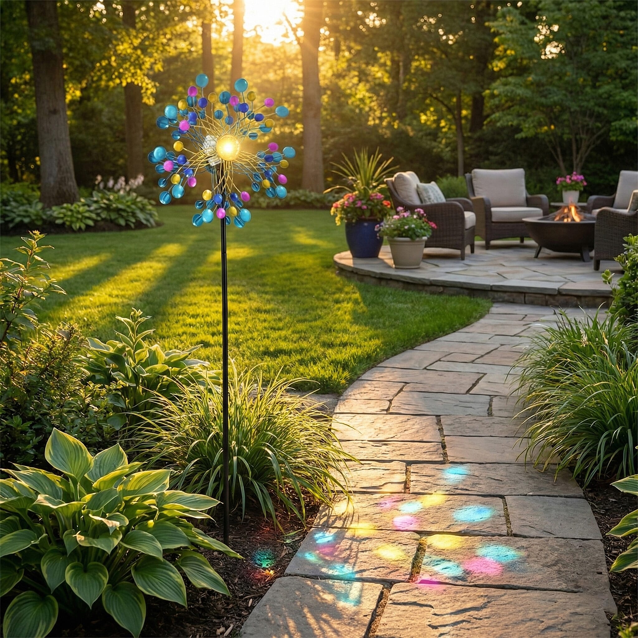 Solar Powered Garden Kinetic Wind Spinner Stake (140cm) - Multi Colour