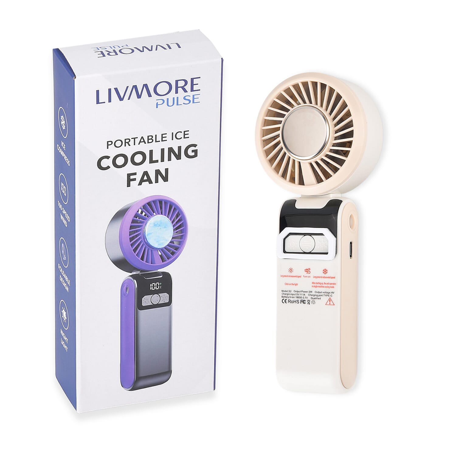 LIVMORE Portable Ice Cooling Fan - 100 Speed Rechargeable Handheld Fan with Night Light (3000mAh Battery) - Off White