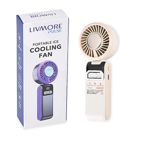 LIVMORE Portable Ice Cooling Fan - 100 Speed Rechargeable Handheld Fan with Night Light (3000mAh Battery) - Off White