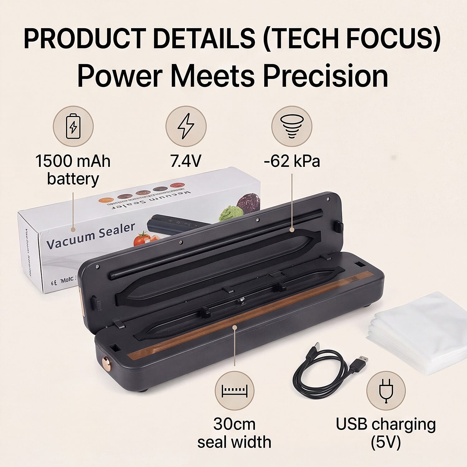 Rechargeable Wireless Vacuum Sealing Machine (1500 mAh) with 10 Bags - Black