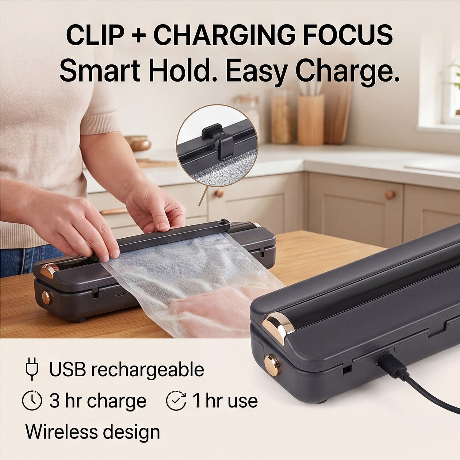 Rechargeable Wireless Vacuum Sealing Machine (1500 mAh) with 10 Bags - Black