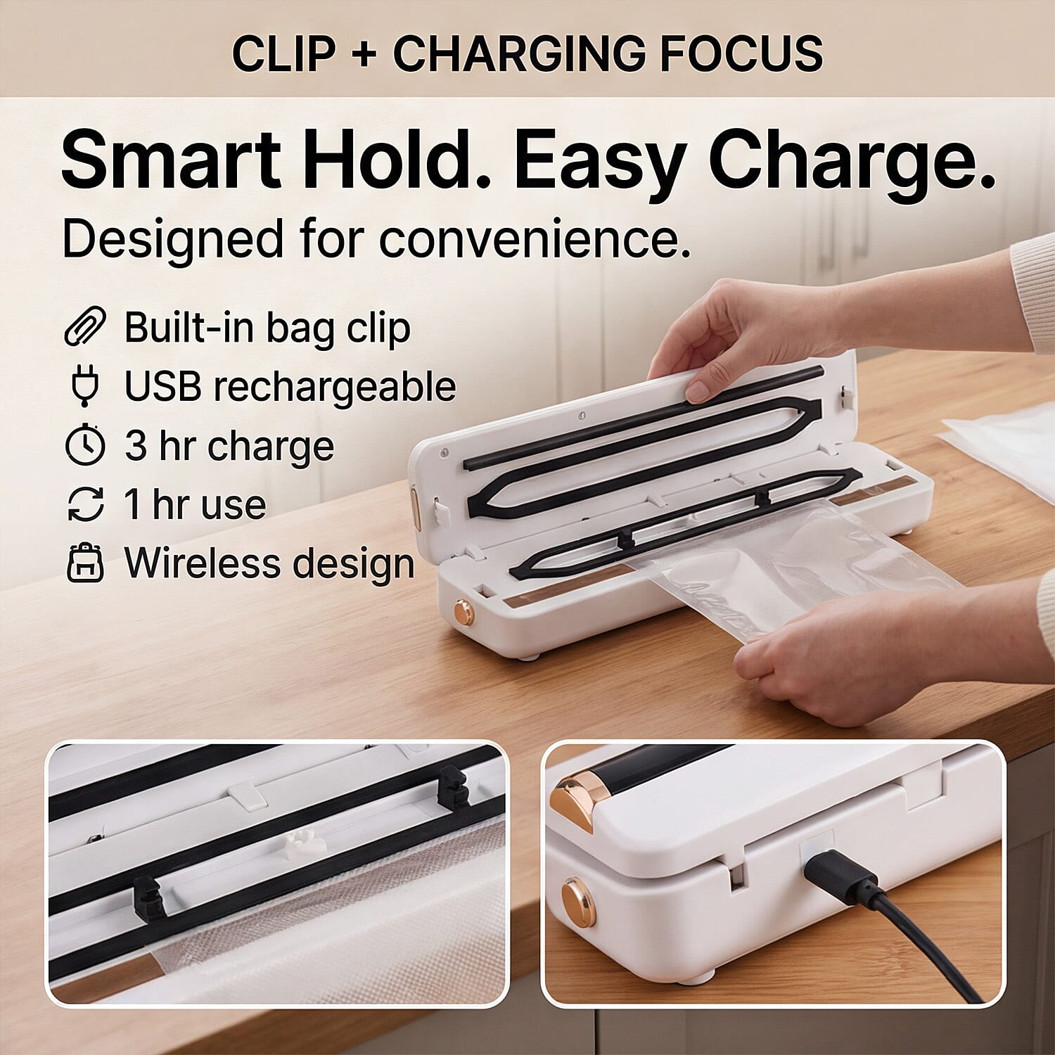 Rechargeable Wireless Vacuum Sealing Machine (1500 mAh) with 10 Bags - White