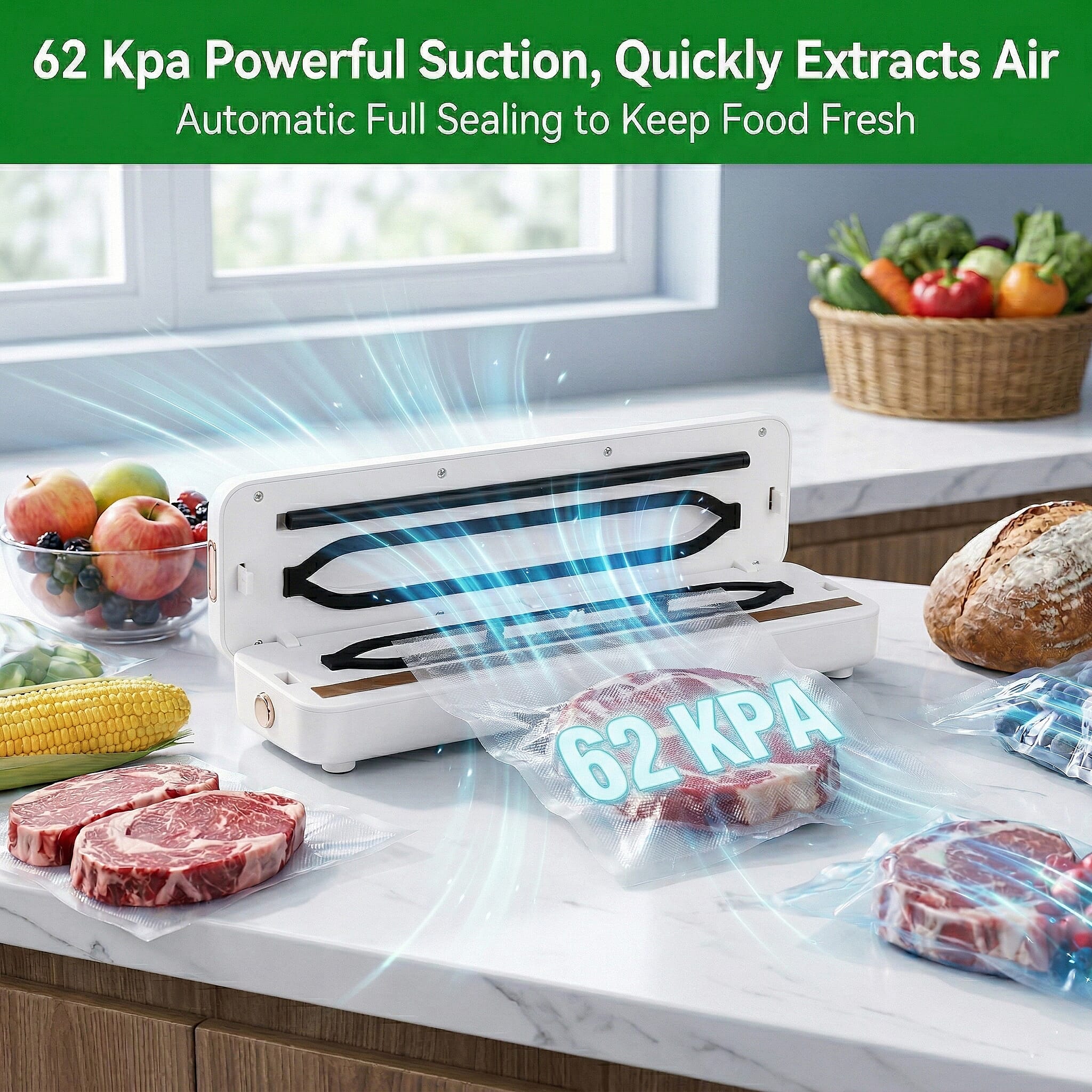 Rechargeable Wireless Vacuum Sealing Machine (1500 mAh) with 10 Bags - White