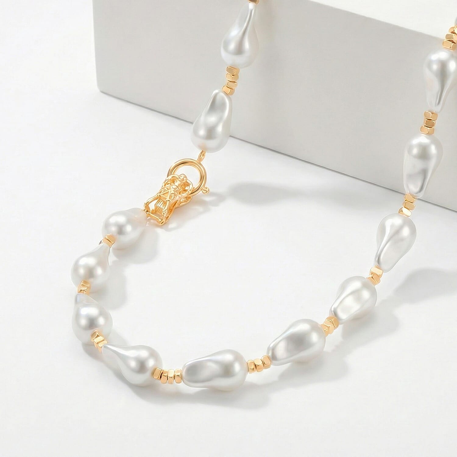 White Shell Pearl Beads Necklace (Size - 20) in Yellow Gold Tone