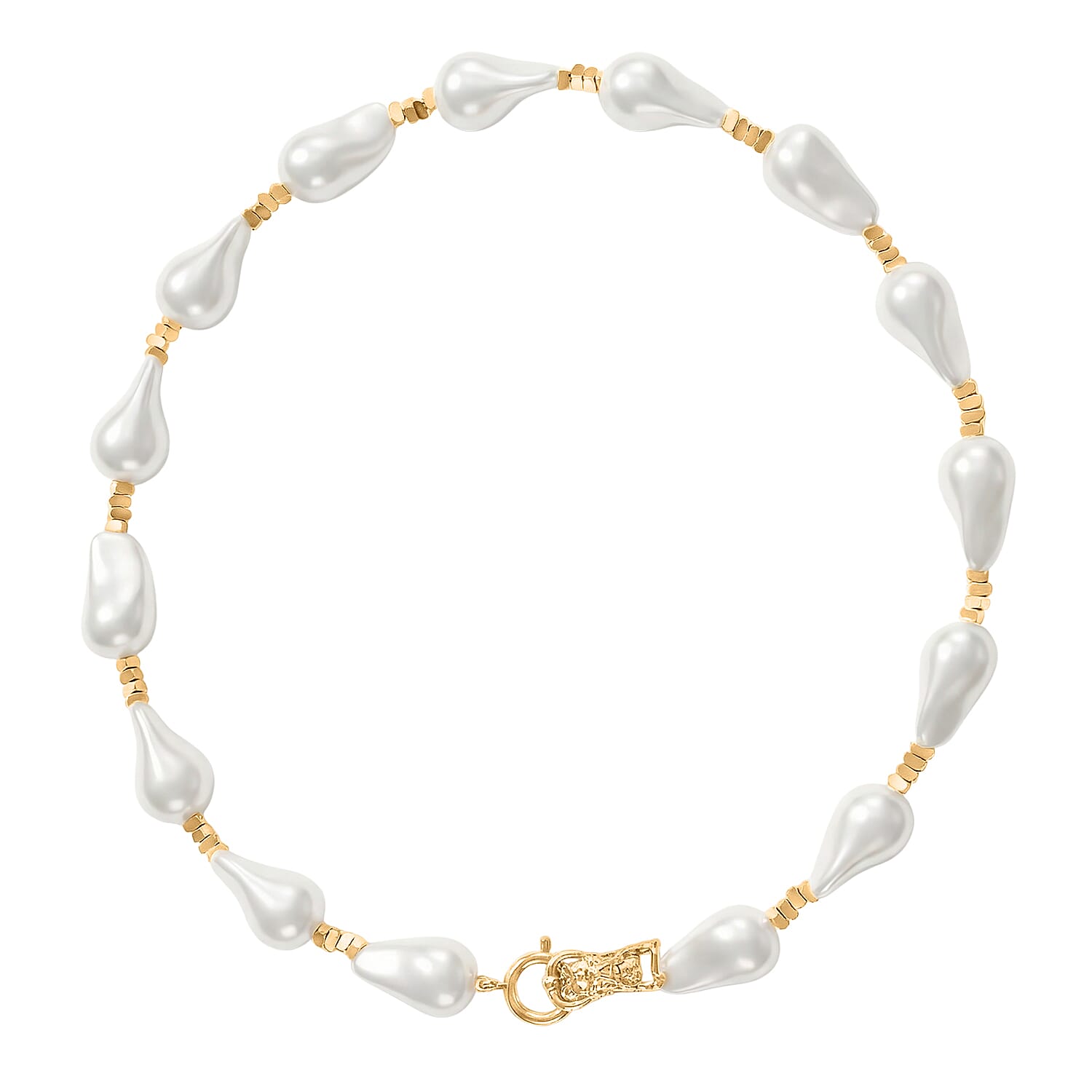 White Shell Pearl Beads Necklace (Size - 20) in Yellow Gold Tone