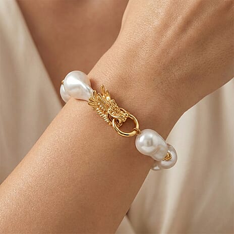 White Shell Pearl Beads Bracelet (Size - 8) in Yellow Gold Tone