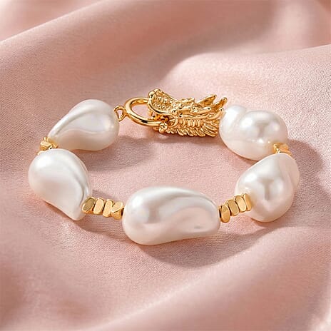 White Shell Pearl Beads Bracelet (Size - 8) in Yellow Gold Tone