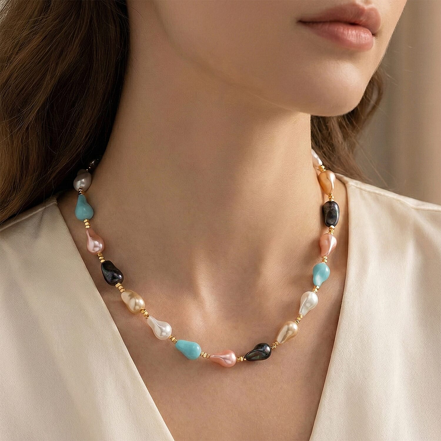 Multi Colour Shell Pearl Beads Necklace (Size - 20) in Yellow Gold Tone