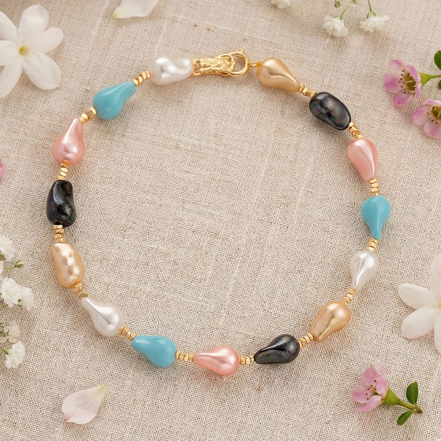 Multi Colour Shell Pearl Beads Necklace (Size - 20) in Yellow Gold Tone