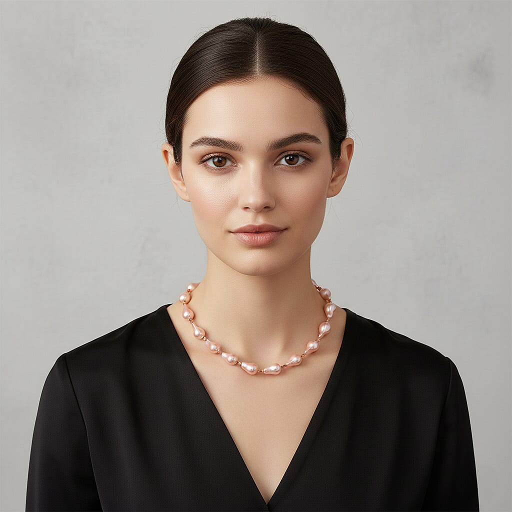 Pink Shell Pearl Beads Necklace (Size - 20) in Rose Gold Tone