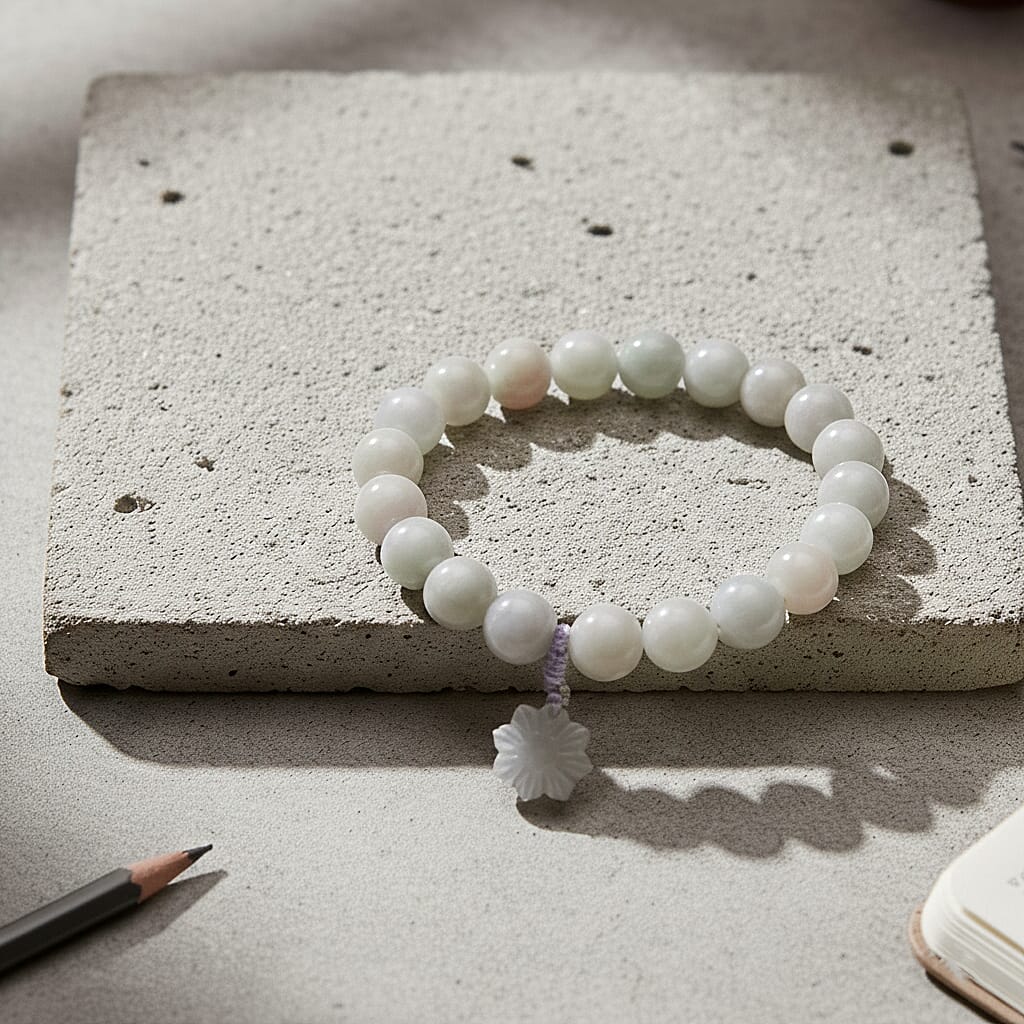 NATURAL White Jadeite Stretchable Bracelet with Snowflake Charm (Size - 7.5) 190.00 Ct.