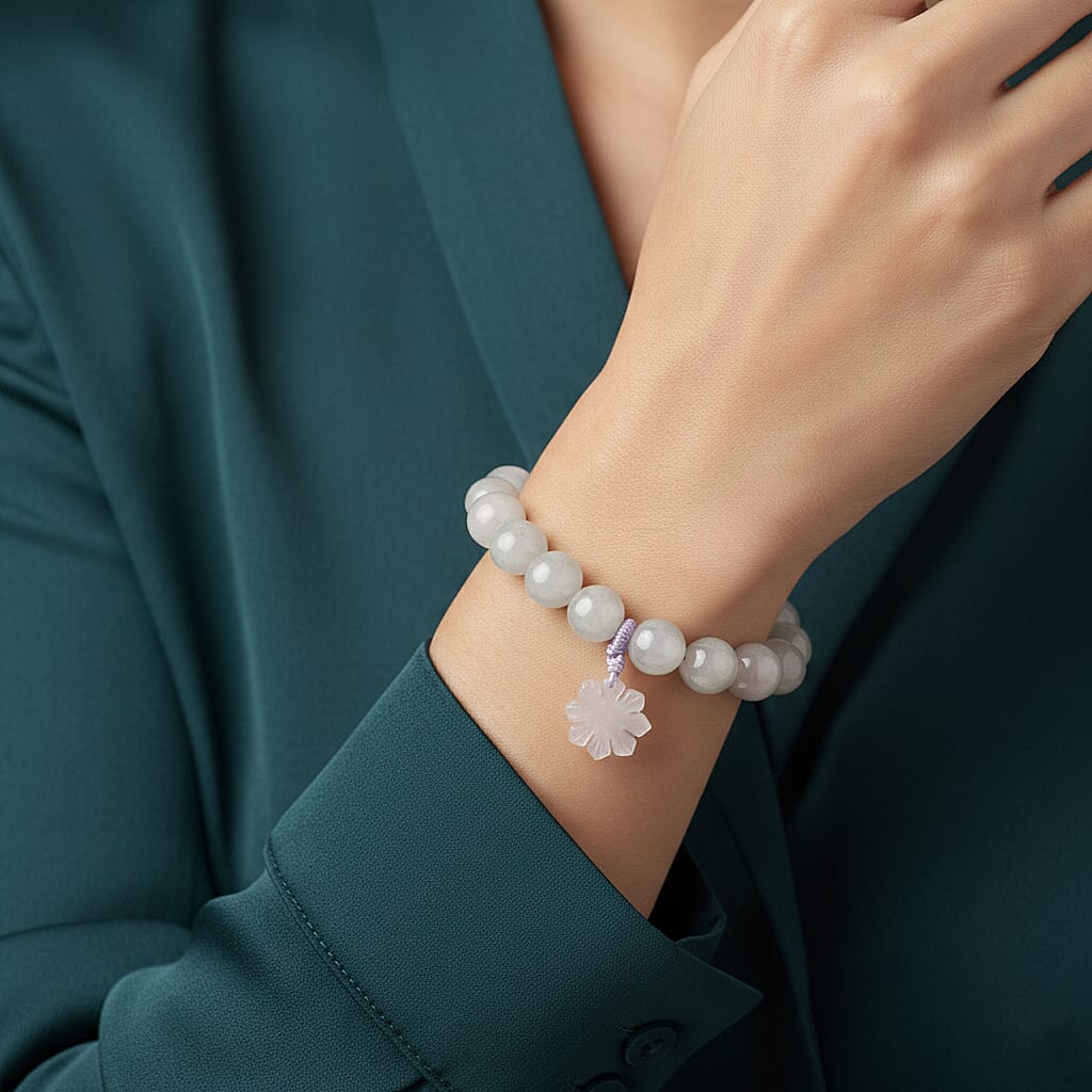 NATURAL White Jadeite Stretchable Bracelet with Snowflake Charm (Size - 7.5) 190.00 Ct.