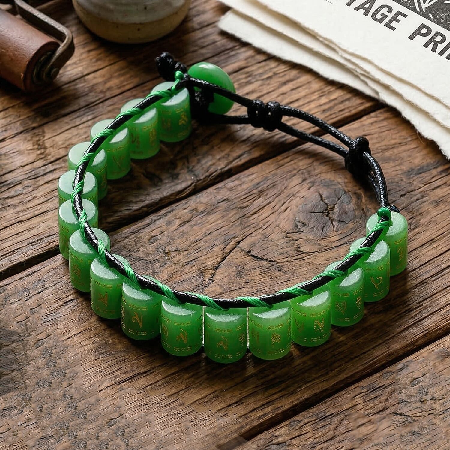 Enhanced Green Jade Barrel Adjustable Prayer Wheel Cord Bracelet (Size 6-9) 215.00 Ct.