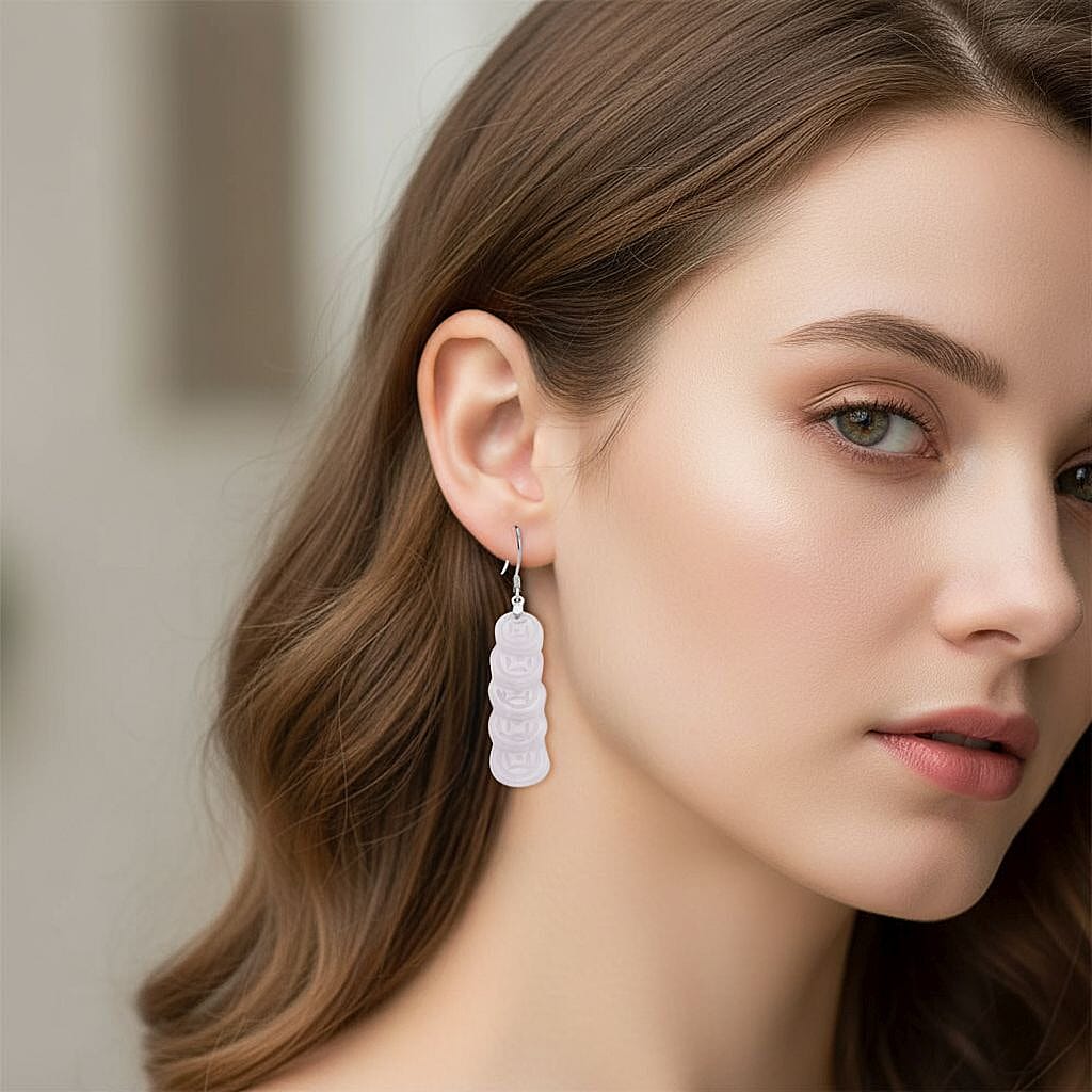 Natural Type A - White Jadeite Jade Money Coin Earring in Rhodium Overlay Sterling Silver 55.00 Ct.