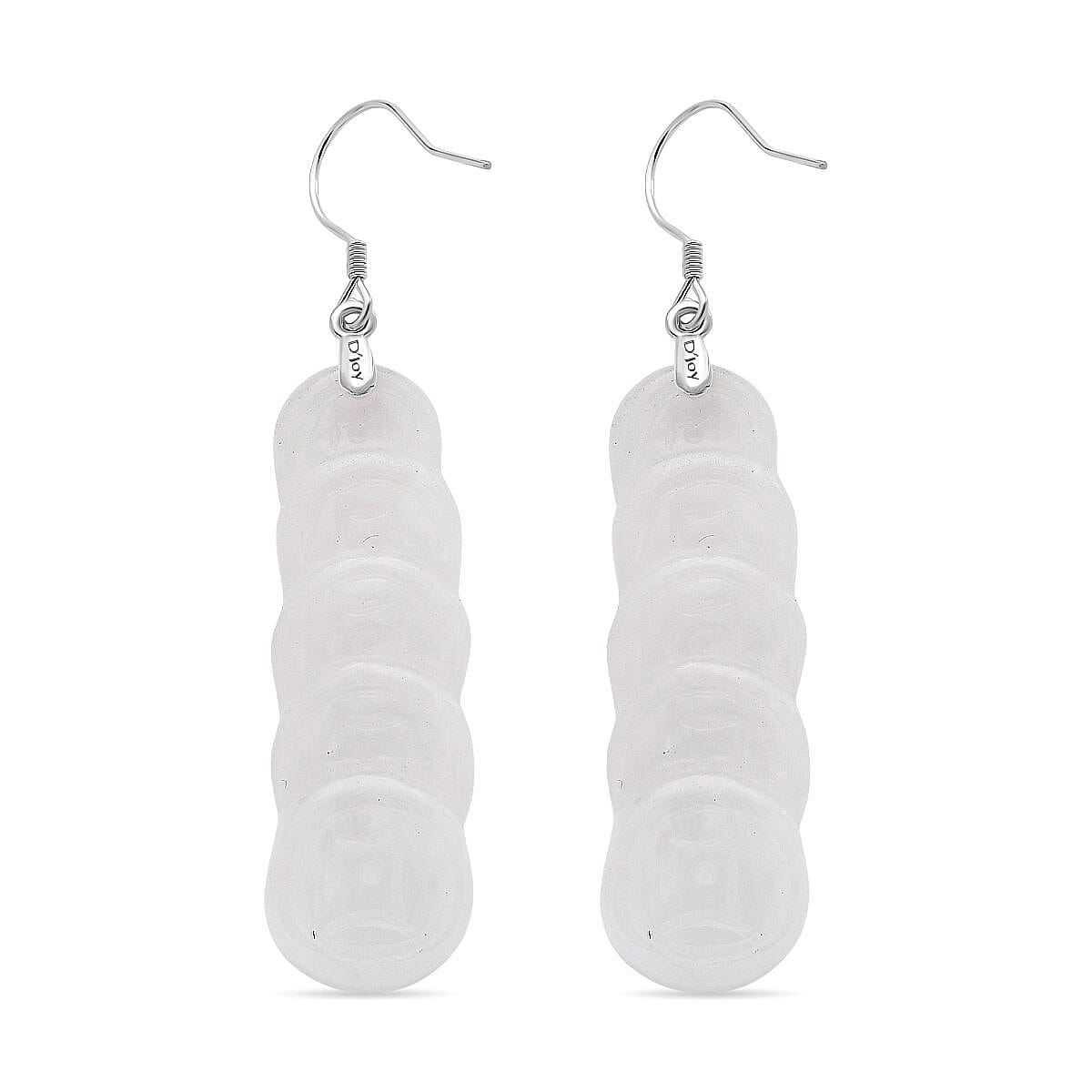 Natural Type A - White Jadeite Jade Money Coin Earring in Rhodium Overlay Sterling Silver 55.00 Ct.