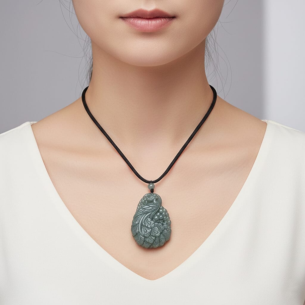 Natural Jade Peacock Necklace (Size - 30 Adjustable) with Cotton Thread 155.00 Ct.