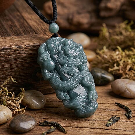 Natural Jade Dragon Necklace with Cotton Thread (Size - 28 Adjustable) 135 Ct.
