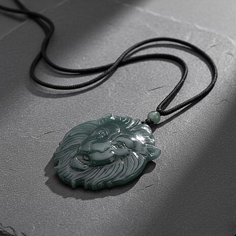 Natural Jade Lion Head Carved Necklace with Cotton Thread (Size - 28 Adjustable) 95 Ct.