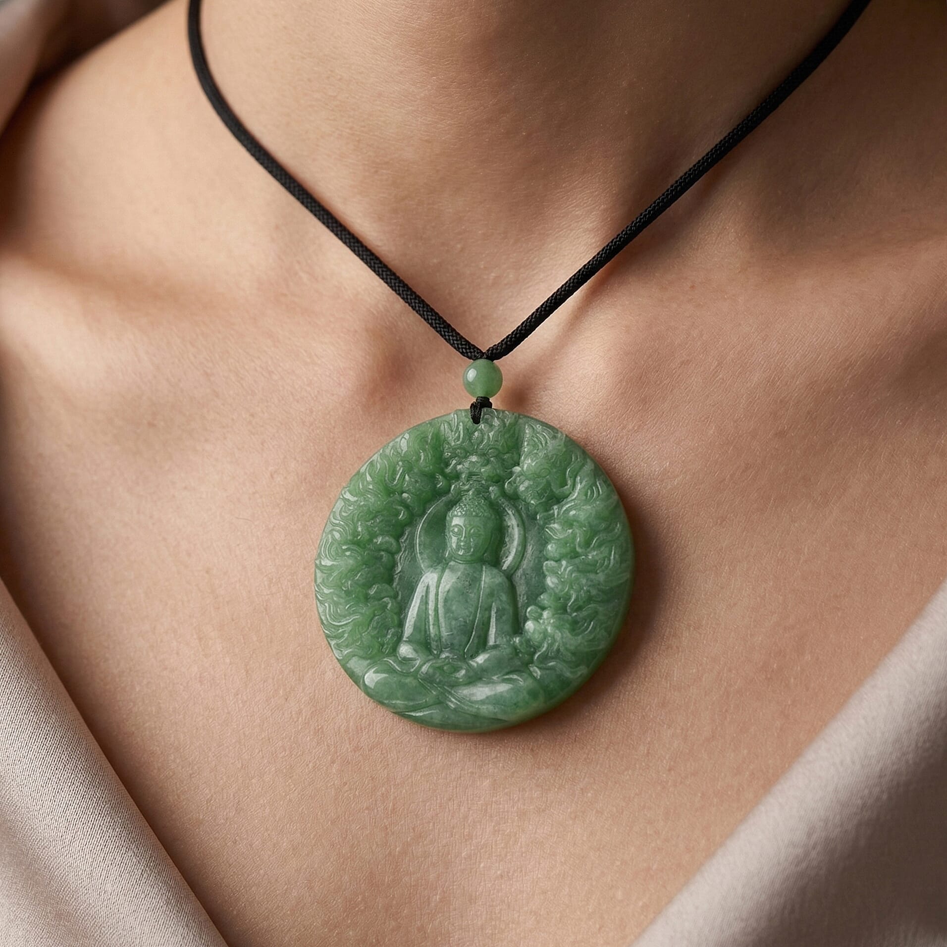 Enhanced Green Jade Beads Double-Sided Carving Necklace (Size - 28) with Adjustable Cotton Thread 220.00 Ct.