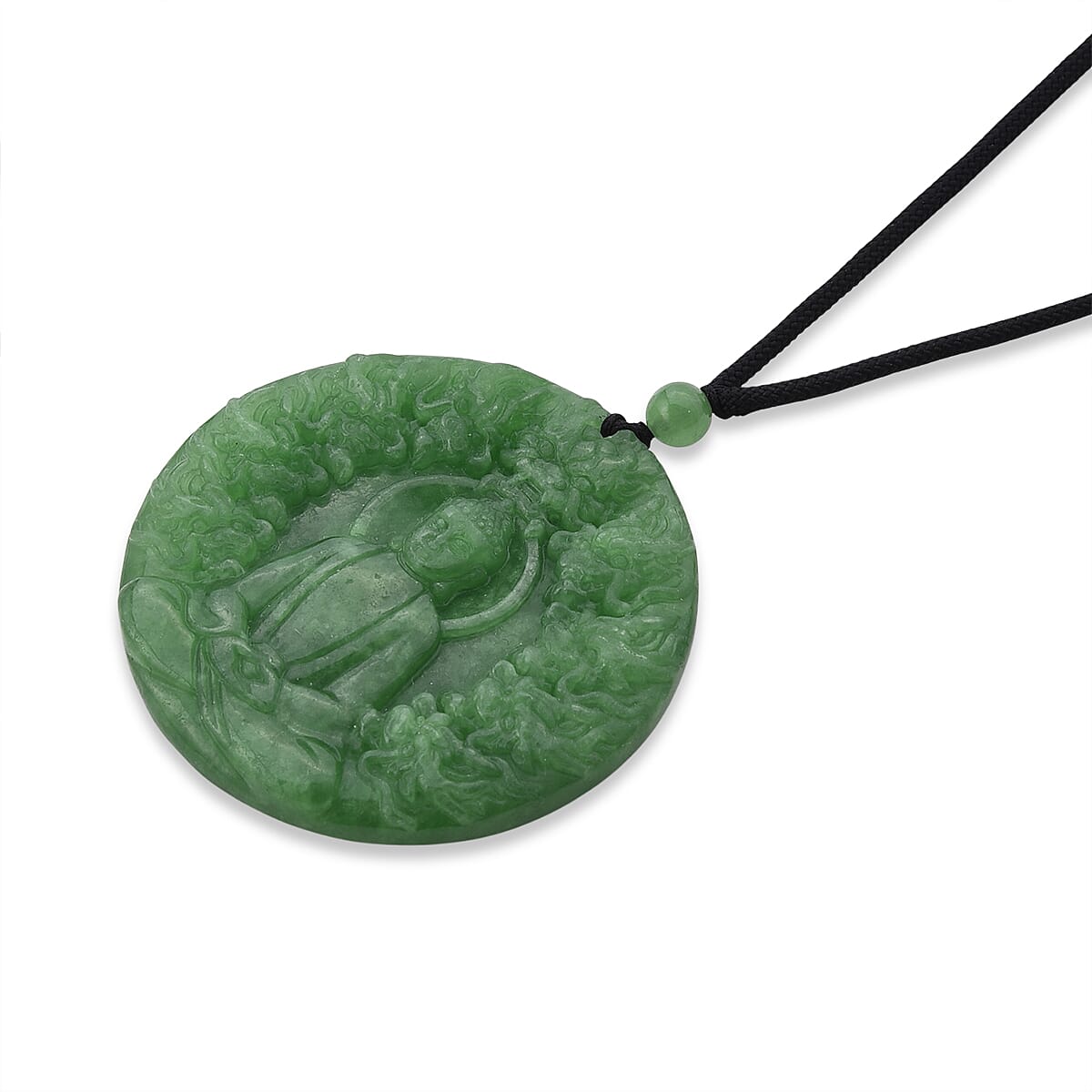 Enhanced Green Jade Beads Double-Sided Carving Necklace (Size - 28) with Adjustable Cotton Thread 220.00 Ct.
