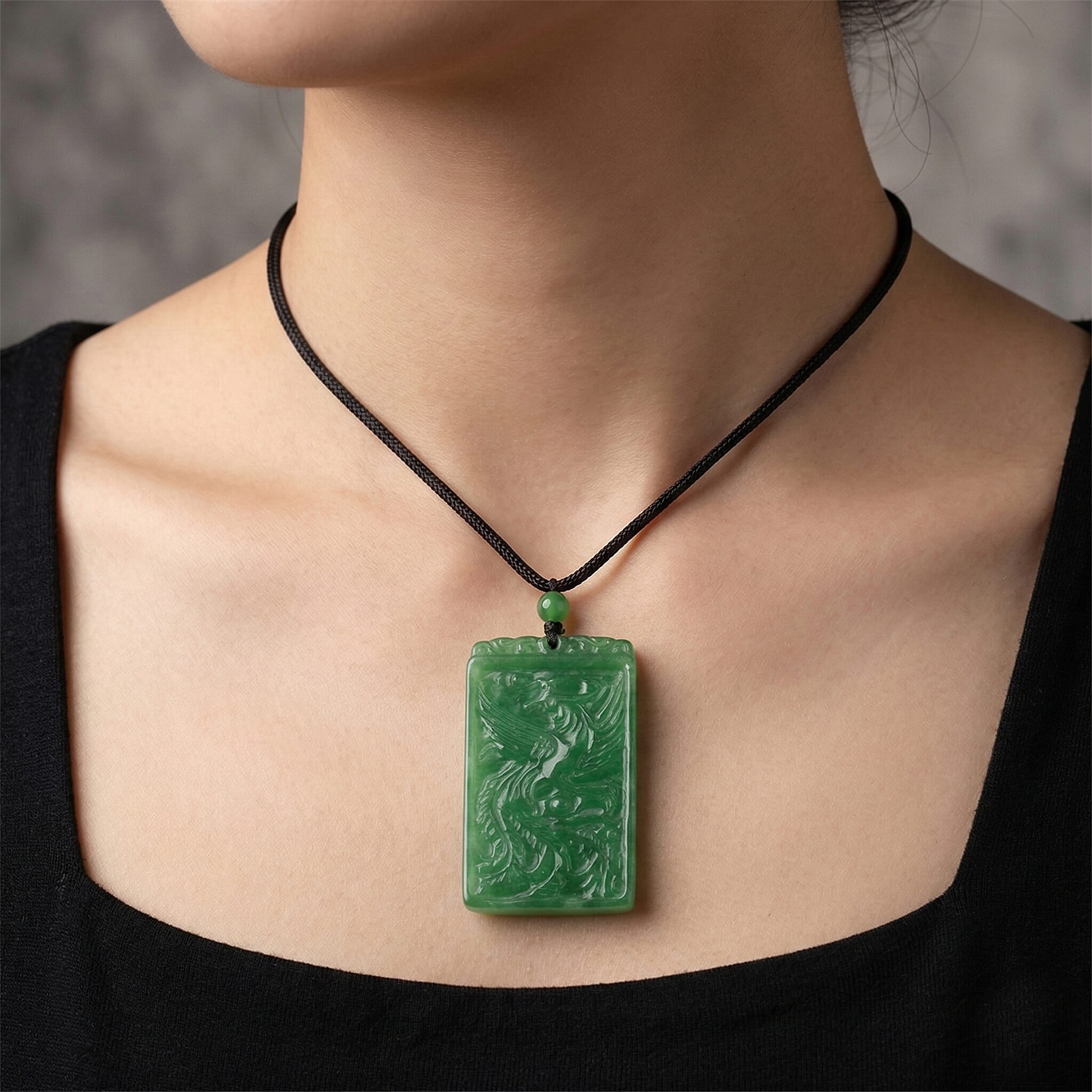 Enhanced Green Jade Beads Phoenix Carved Necklace (Size - 28) with Adjustable Cotton Thread 175.00 Ct.