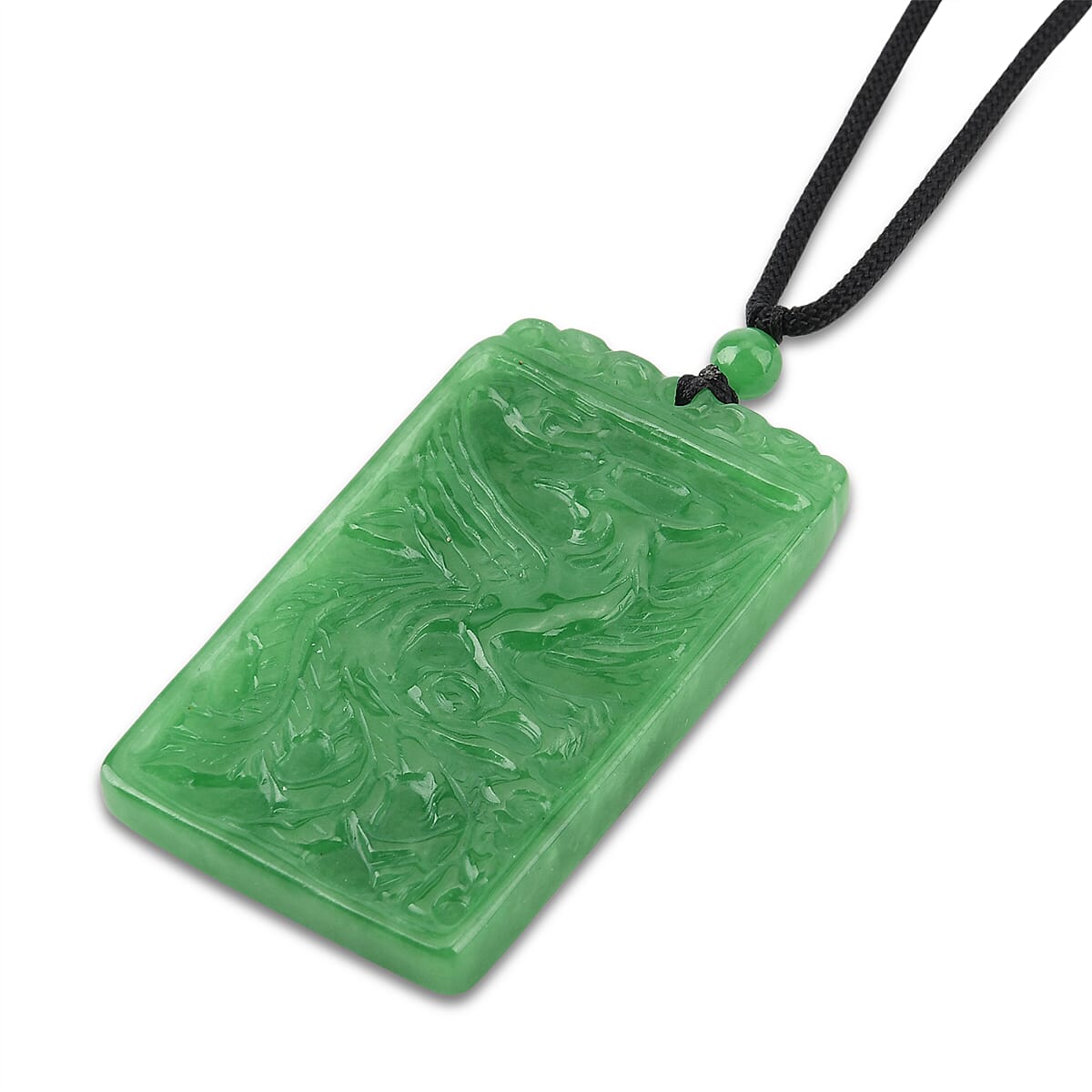 Enhanced Green Jade Beads Phoenix Carved Necklace (Size - 28) with Adjustable Cotton Thread 175.00 Ct.