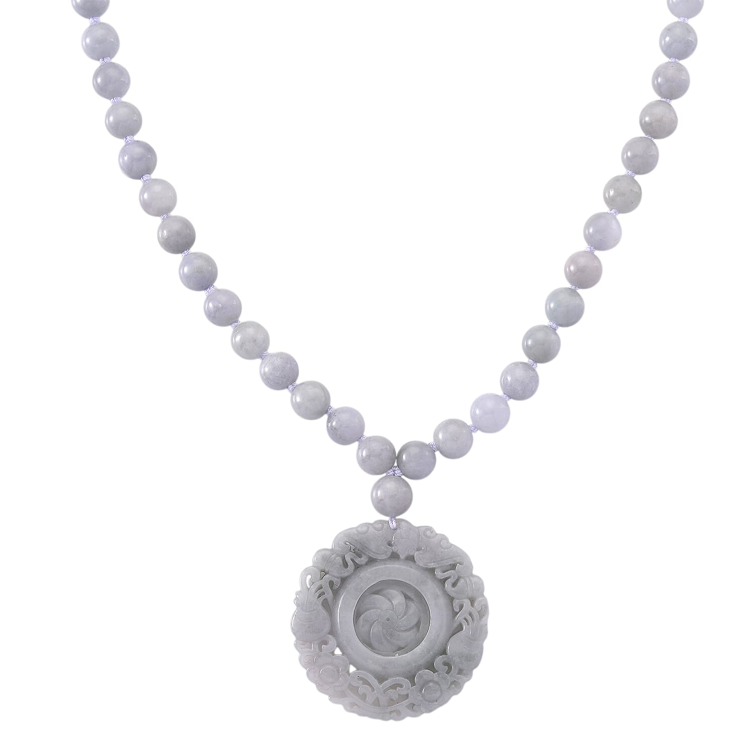 D'Joy White Jade Beads Necklace with Flower Carved Pendant (Size - 20) in Rhodium Overlay Sterling Silver 520.00 Ct.