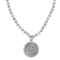 D'Joy White Jade Beads Necklace with Flower Carved Pendant (Size - 20) in Rhodium Overlay Sterling Silver 520.00 Ct.